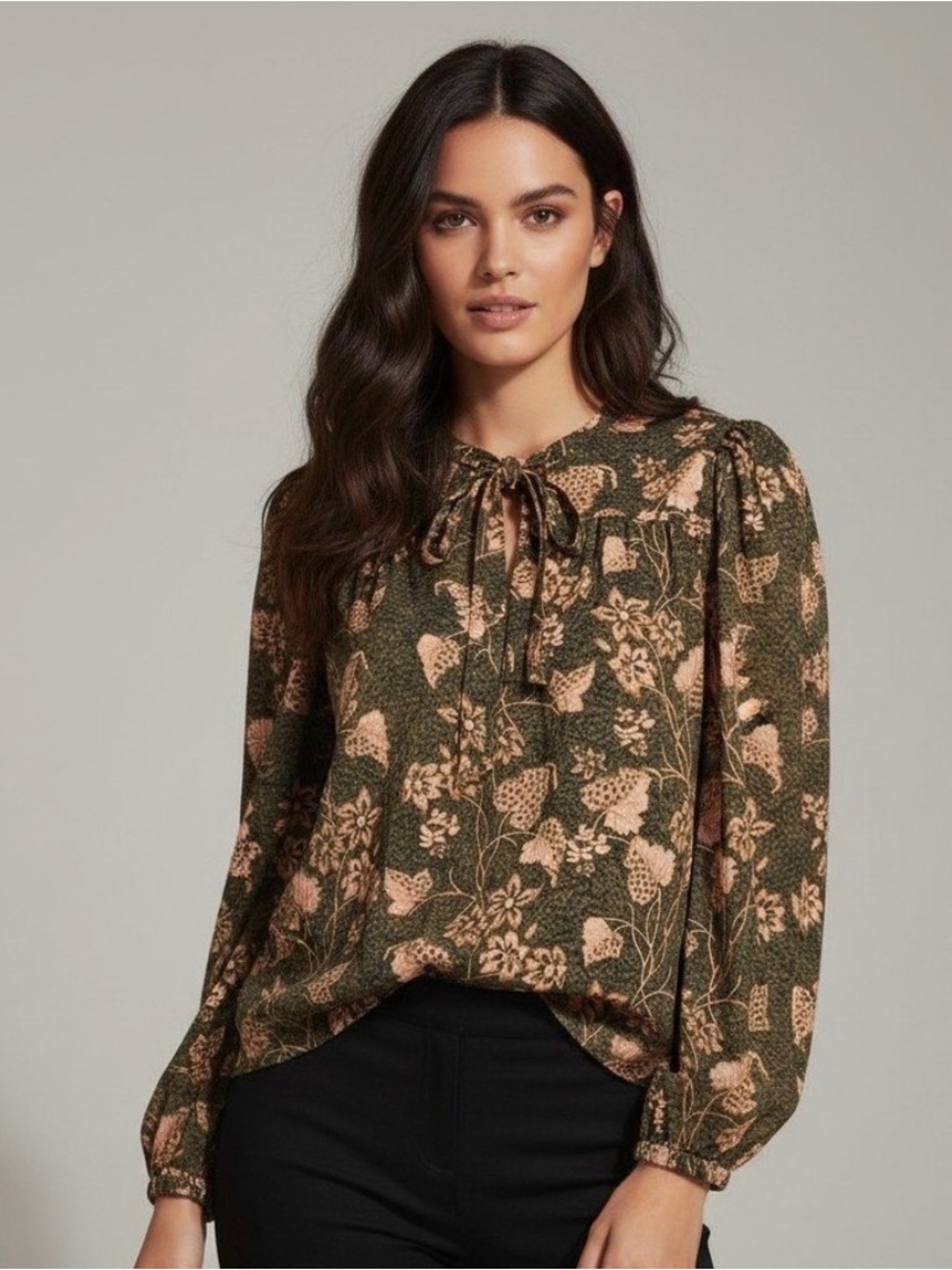Ulla Johnson Tillie Blouse BalsamGreen & Peach Floral Tie-Neck Blouse size 8